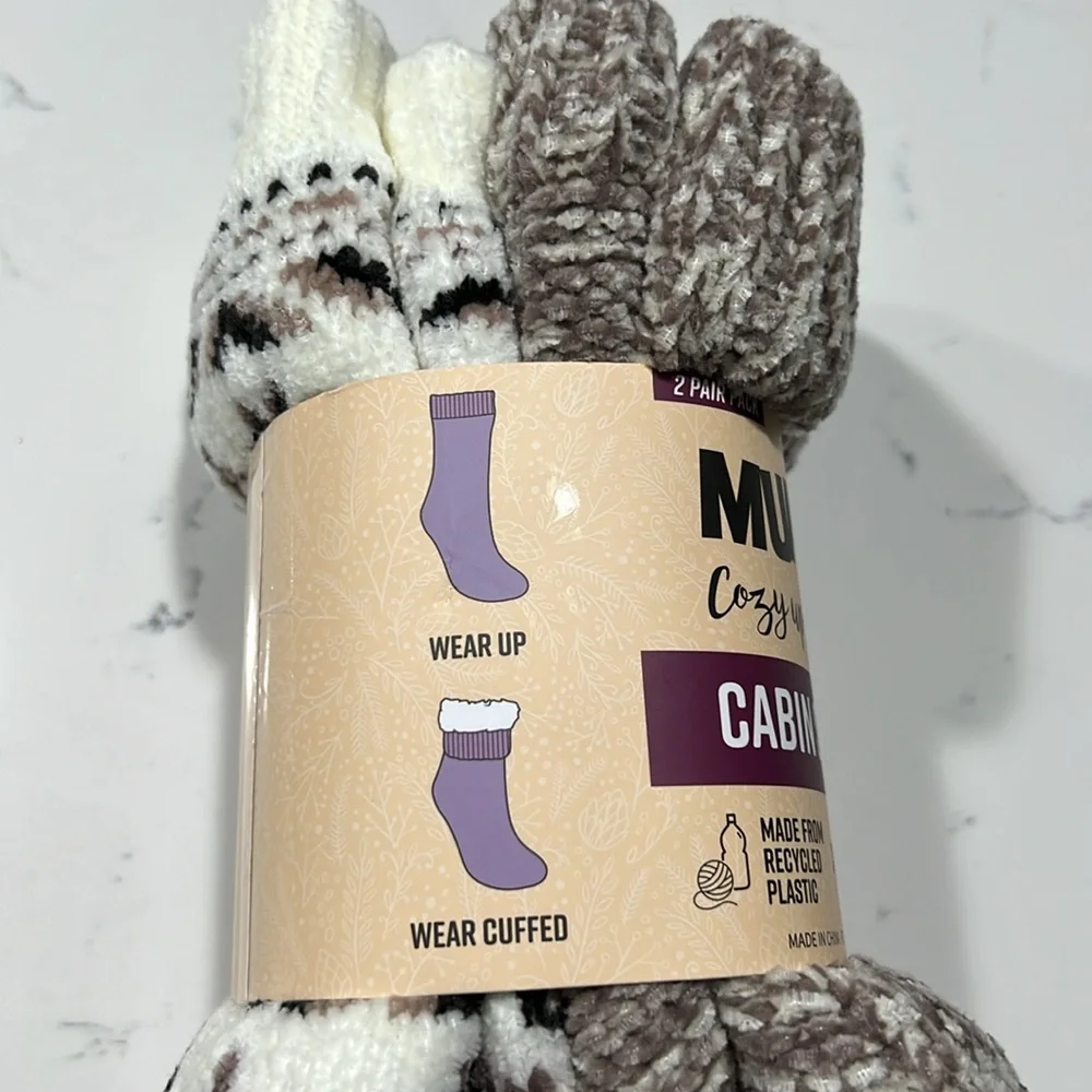 Muk Luks Cabin Socks Snow Ivory and Taupe 2 Pack